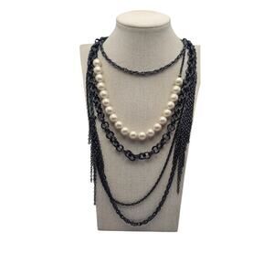 Dark Romantic Pearl & Black Chain Multi-Strand Layered Statement Necklace